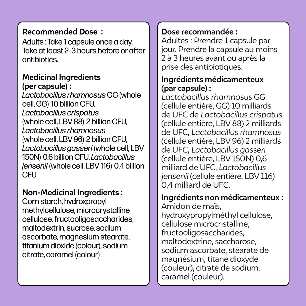 Recommended dose and medicinal ingredients in both English and French.