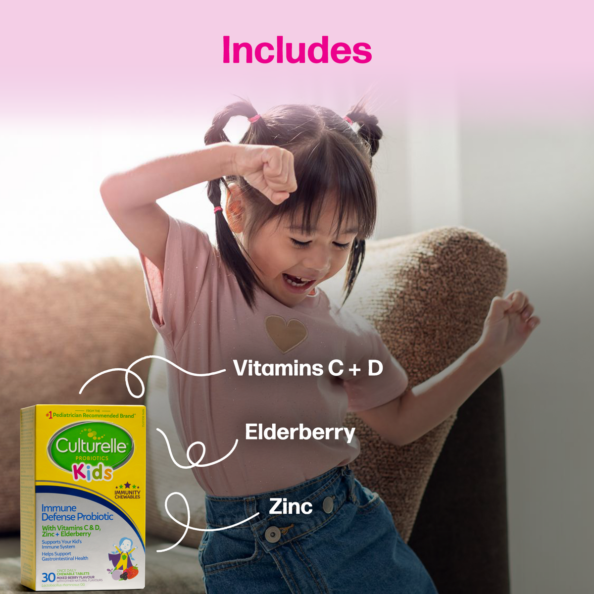 Includes, Vitamins C + D, Elderberry, and Zinc.